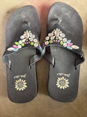 Yellow Box Black Jeweled Women's Thong Sandals with Multicolor Gems